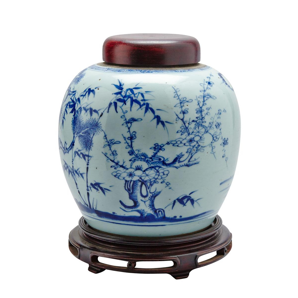 Unusual Export Blue and White ‘Three Friends’ Ginger Jar, Kangxi Period (1662-1722)