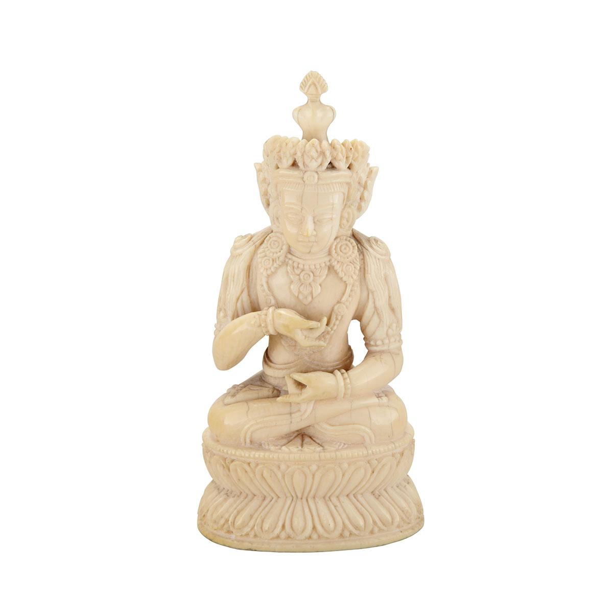 Ivory Carved Crowned Buddha, Tibet, 18th Century