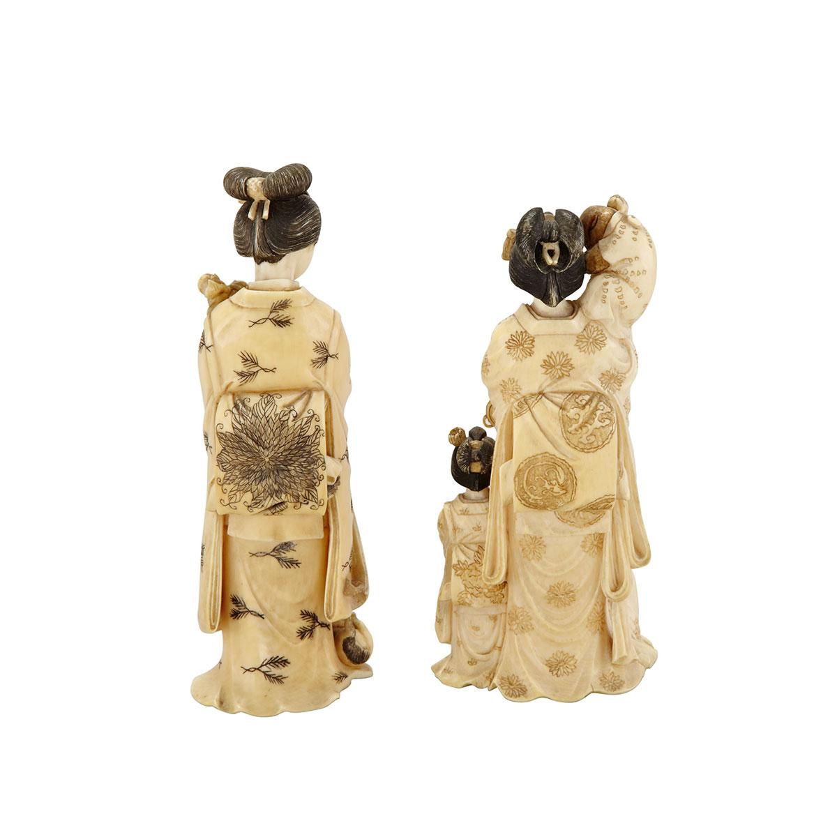 Two Tinted Ivory Okimono of Ladies, Meiji Period, 19th Century