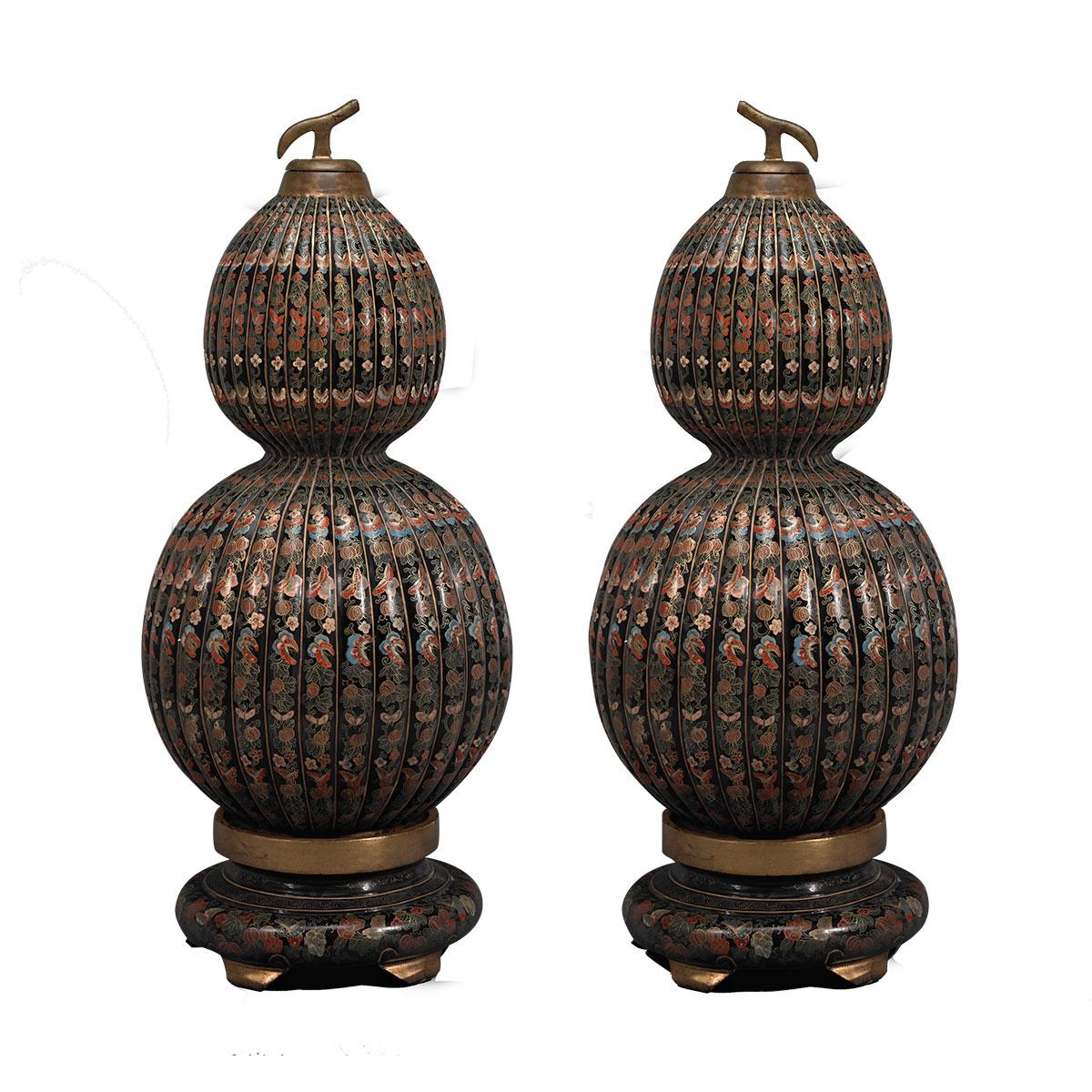 Pair of Large Lacquer and Gilt Painted Double Gourd Containers, Mid 20th Century