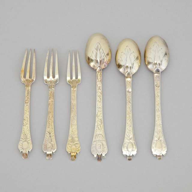Three Late 17th Century Engraved Silver-Gilt Small Trefid Spoons and Three Forks, c.1690-1700