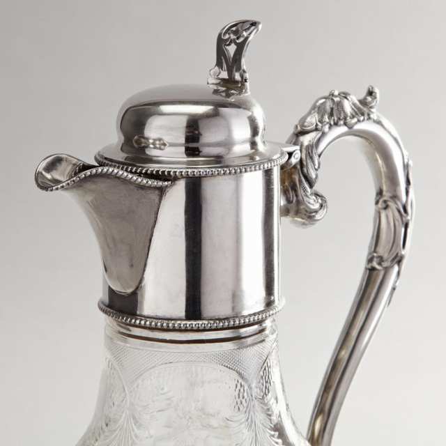 Victorian Silver Mounted ‘Rock Crystal’ Engraved and Cut Glass Claret Jug, Walter & Charles Sissons, Sheffield, 1893