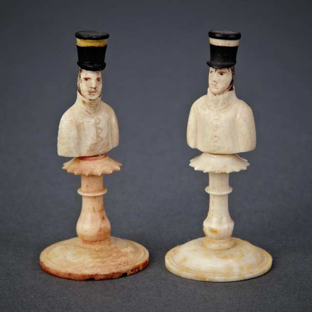 Dieppe Carved Bone Napoleonic Bust Form Chess Set, France, early 19th century