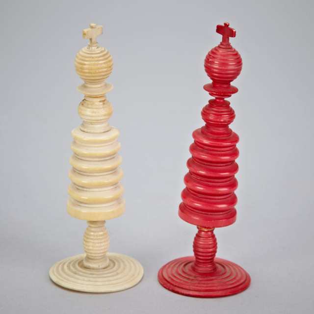 English Turned, Carved and Stained Ivory Calvert Pattern Chess Set, c.1850
