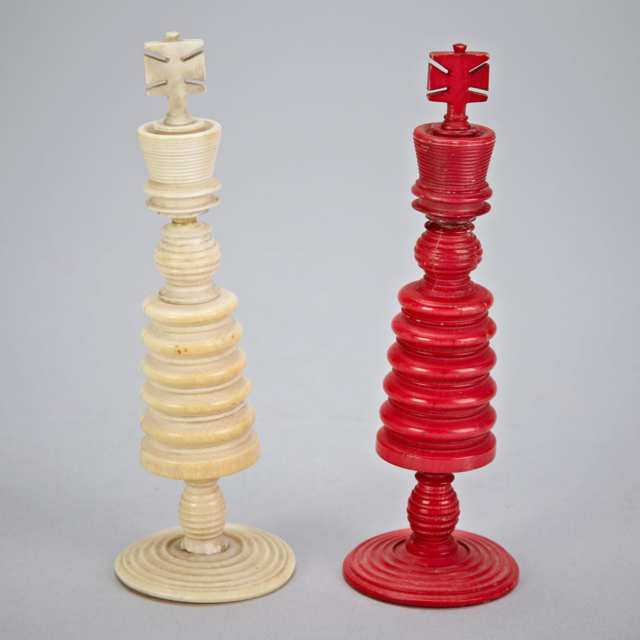 English Turned, Carved and Stained Ivory Calvert Pattern Chess Set, c.1850