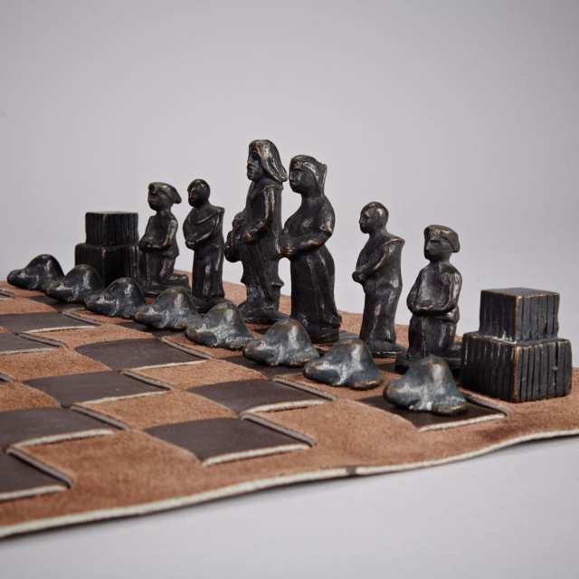 Elford Bradley Cox (1914-2003) Canadian Historical Patinated Bronze Chess Set with Leather  Board