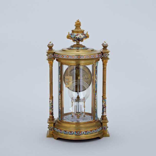 French Champlevé Enamelled Gilt Bronze Temple Form Mantle Clock, 19th century