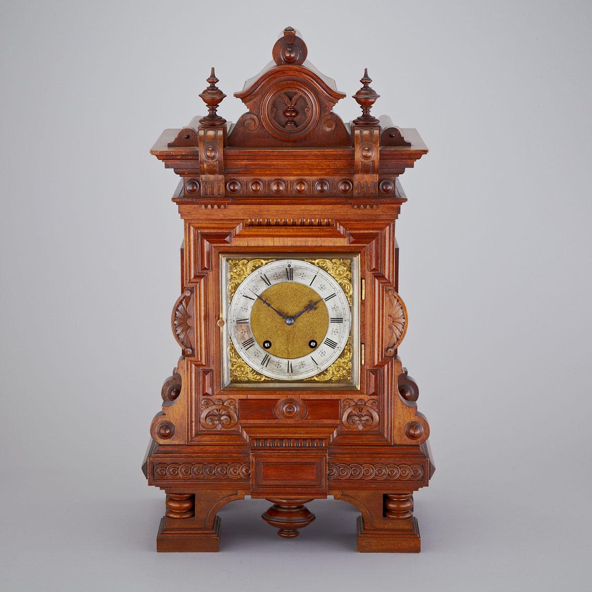German Carved Walnut Quarter Striking Bracket Clock, Lenzkirch, c.1900 