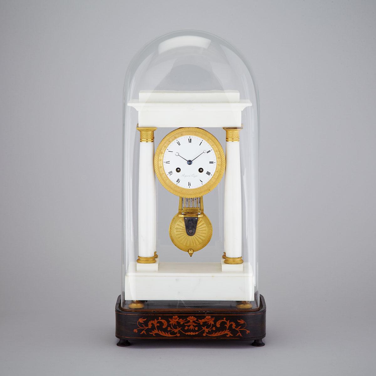 French Ormolu Mounted White Marble Portico Mantle Clock, c.1870