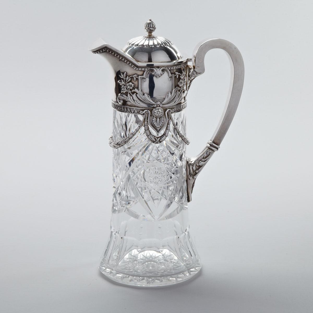 Russian Silver Mounted Cut Glass Wine Jug, 4th Artel, Moscow, 1908-17