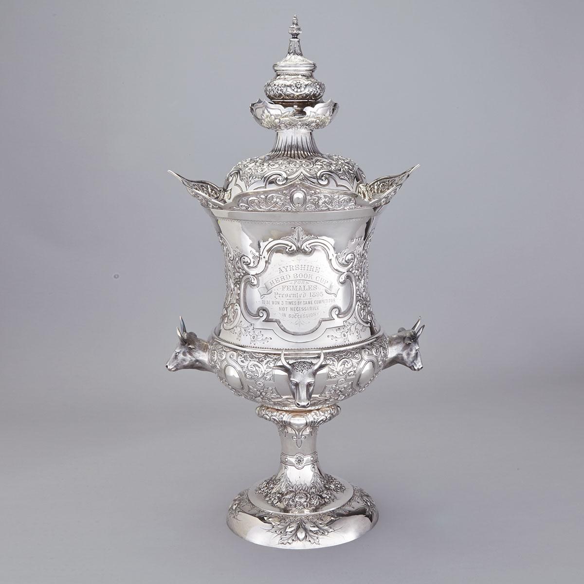 The Ayrshire Herd Book Cup  
Impressive Victorian Scottish Silver Covered Cup, Brown Kilk, Glasgow, 1895