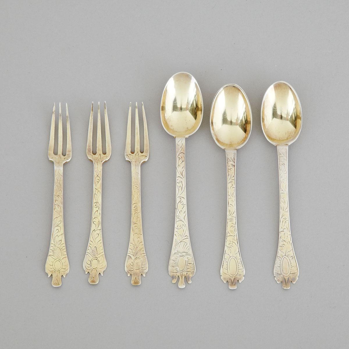 Three Late 17th Century Engraved Silver-Gilt Small Trefid Spoons and Three Forks, c.1690-1700