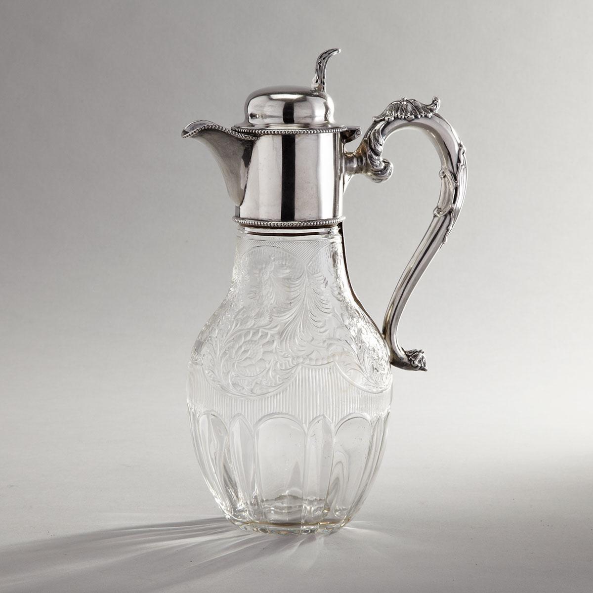 Victorian Silver Mounted ‘Rock Crystal’ Engraved and Cut Glass Claret Jug, Walter & Charles Sissons, Sheffield, 1893