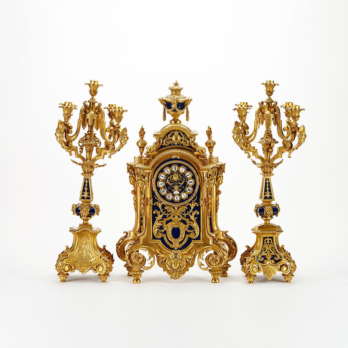 Large Louis XIV Style Gilt Bronze Clock Garniture, early 20th century