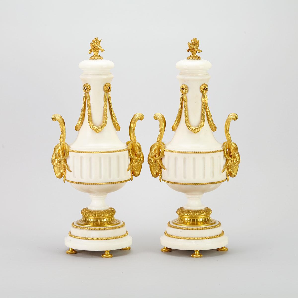 Pair of Louis XVI Style Ormolu Mounted White Marble Covered Urns, 20th century
