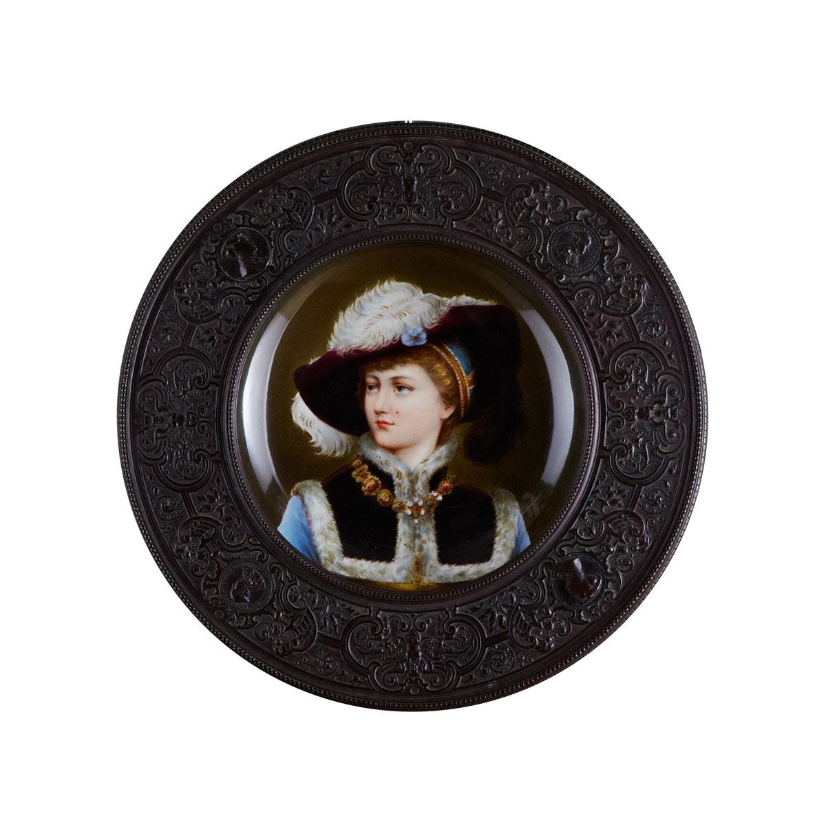 Pair of Patinated Bronze Framed German Porcelain Portrait Plates, late 19th century
