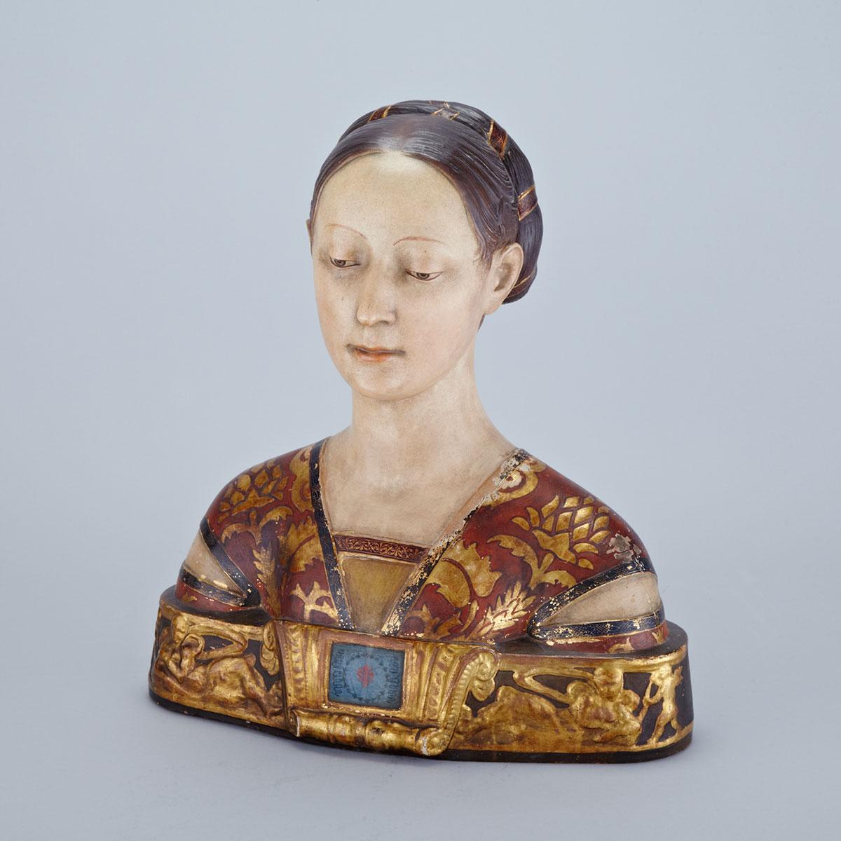 Italian Polychromed and Parcel Gilt Terra Cotta Bust of a Young Woman, Dini & Cellai, c.1880