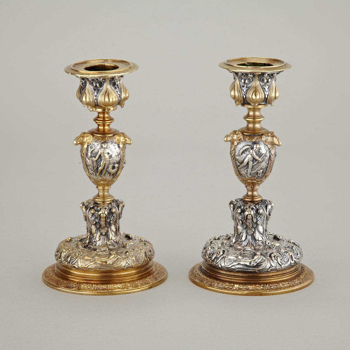 Pair of French Renaissance Style Gilt and Silvered Bronze Candlesticks, Henri Picard, 19th century