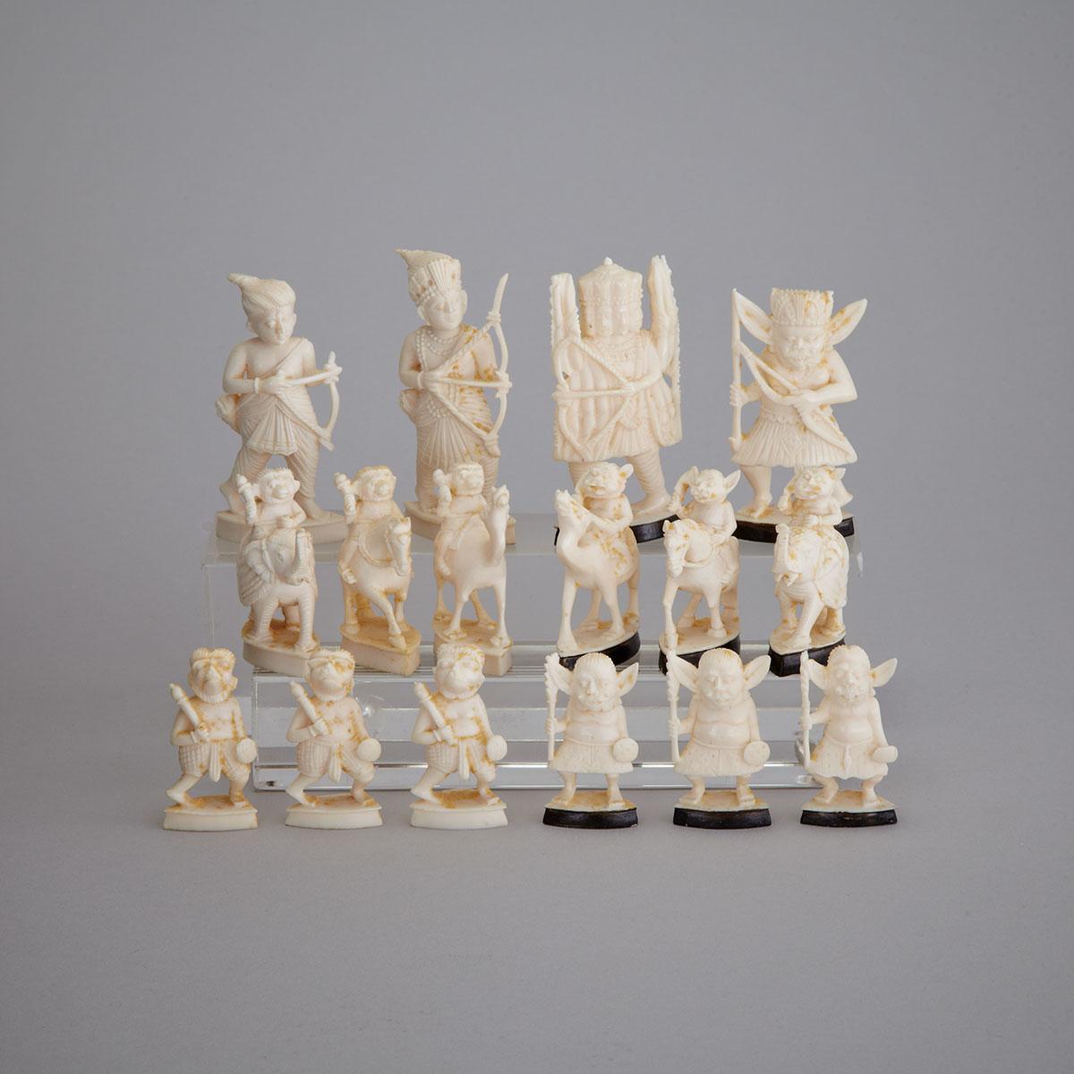 Indian Carved Ivory Figural Chess Set, 1st half 20th century