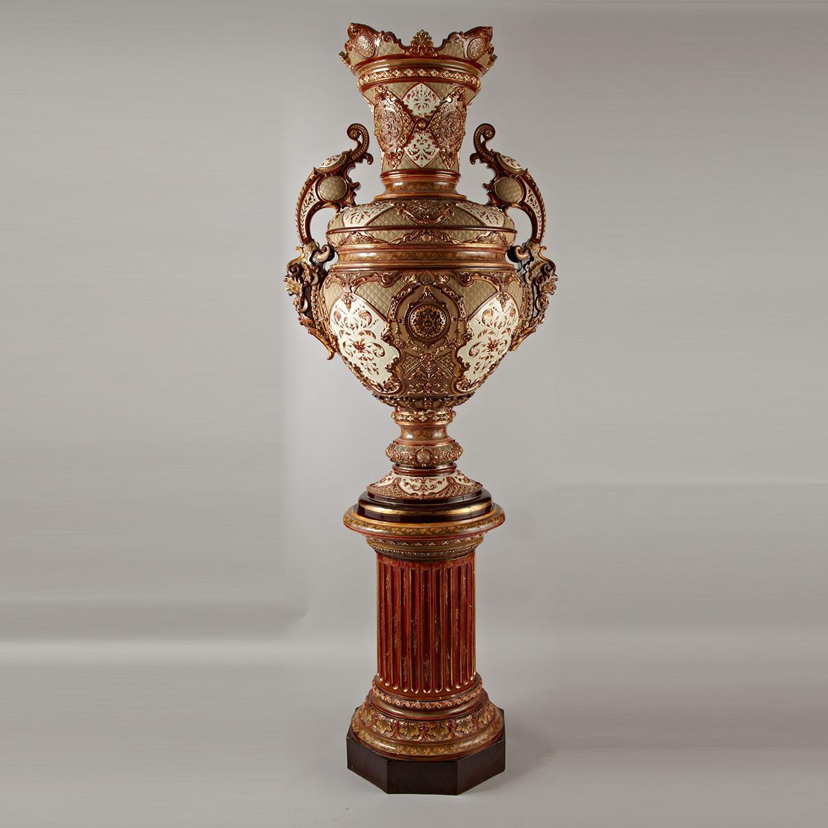 Monumental Wilhelm Schiller Majolica Two-Handled Vase on Stand, late 19th century