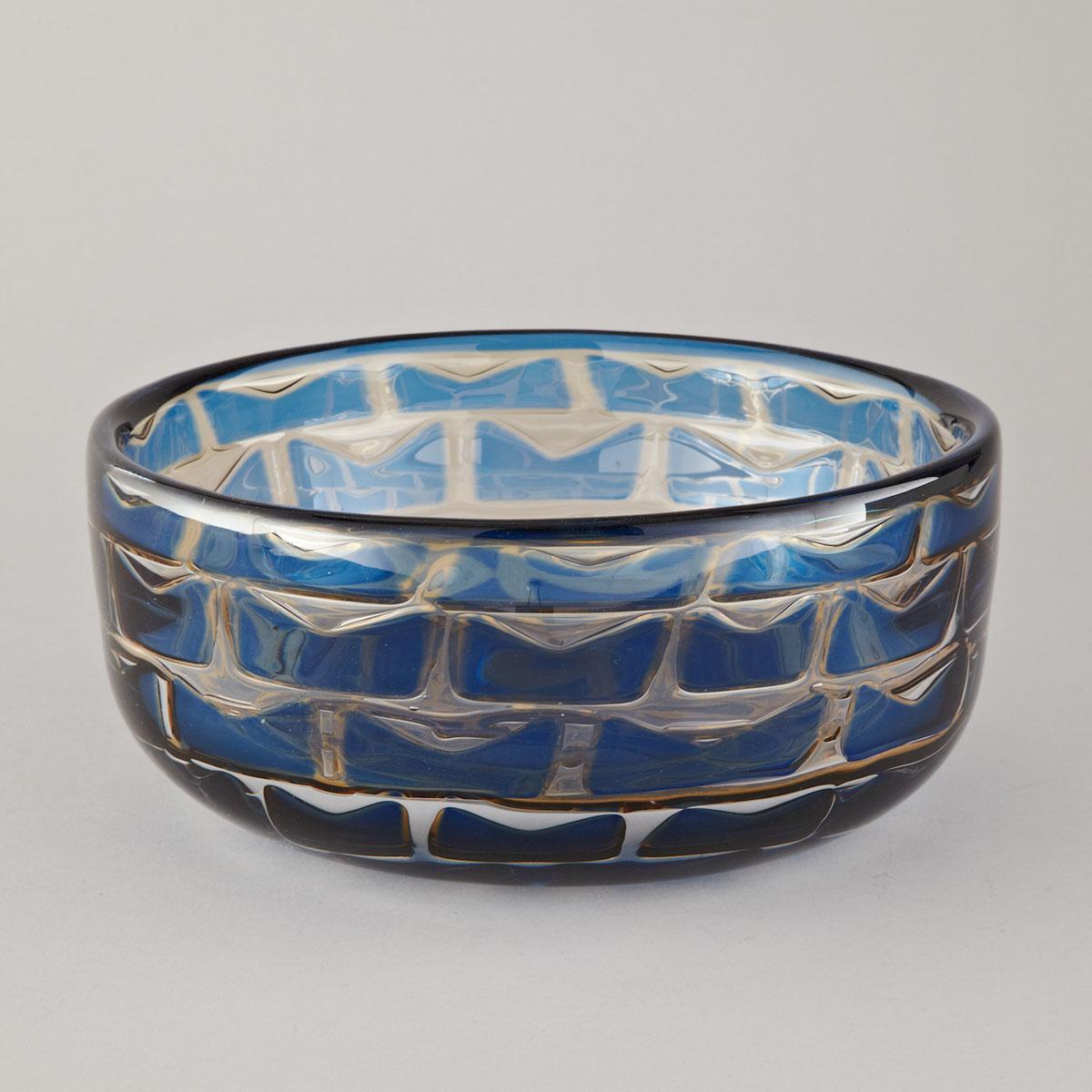 Orrefors Ariel Geometric Blue Glass Bowl, Ingeborg Lundin, 1971