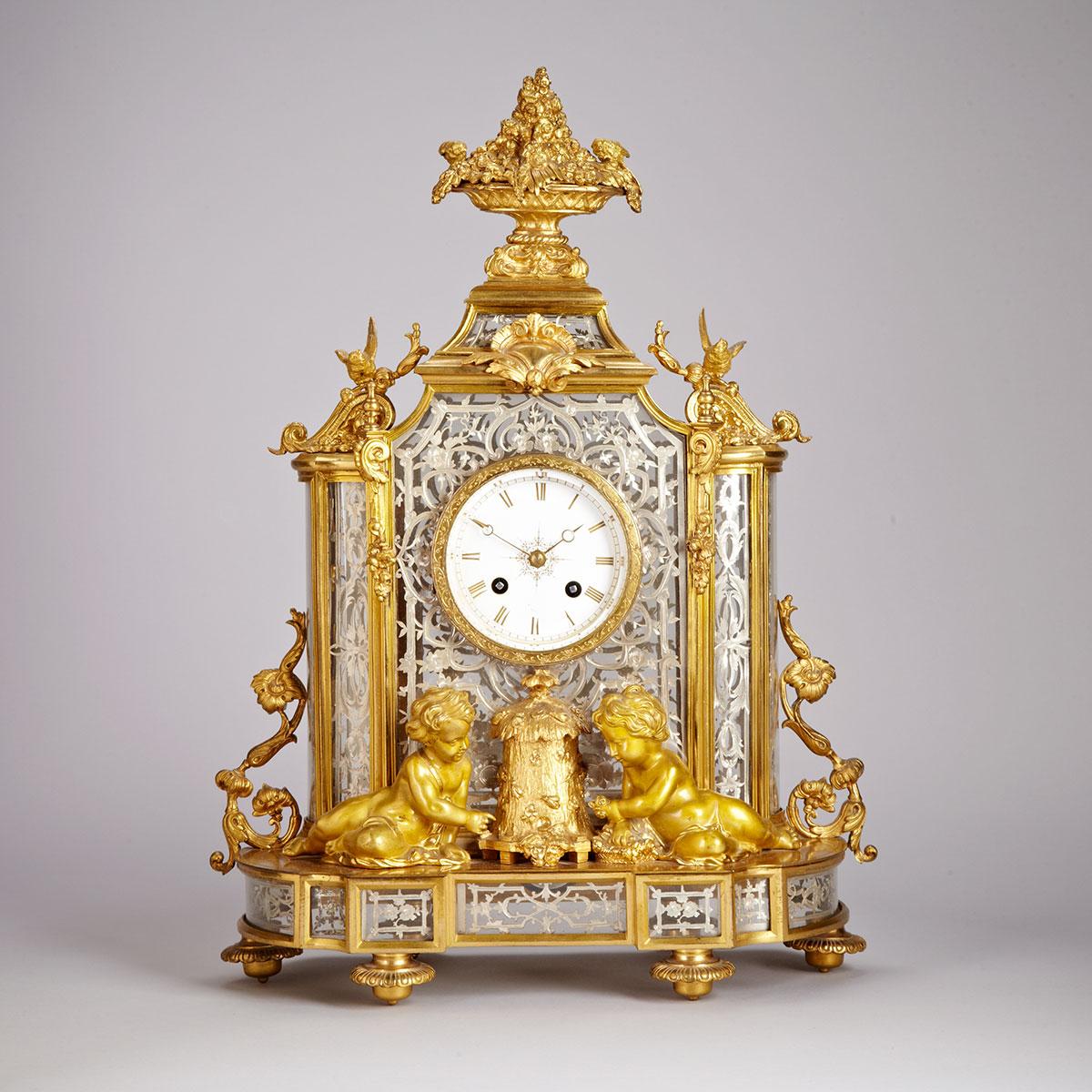 French Chinoiserie Gilt Bronze and Silver Overlaid Glass Mantle Clock, 1858