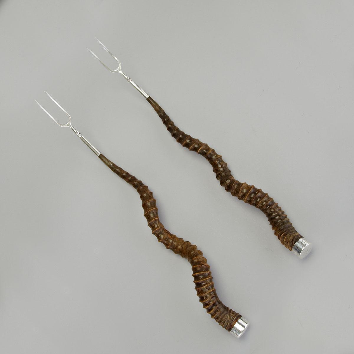 Pair of Silver Mounted Antelope Horn Toasting Forks, late 19th century