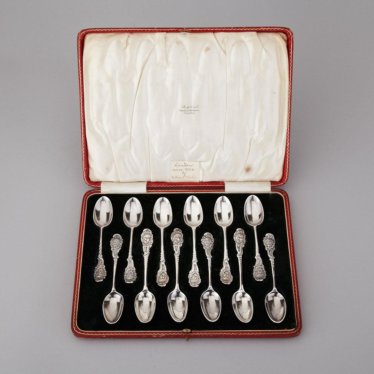 Twelve George II Silver Rococo ‘Bearded Mask’ Tea Spoons, Benjamin Brewood and William Wooller (probably), London, c.1755-60