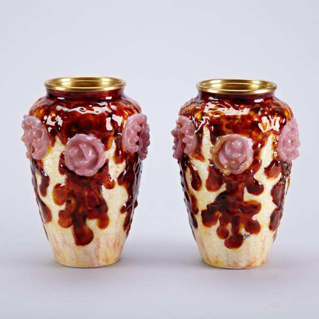 Pair of Limoges Enamelled Copper Vases, France, c.1930