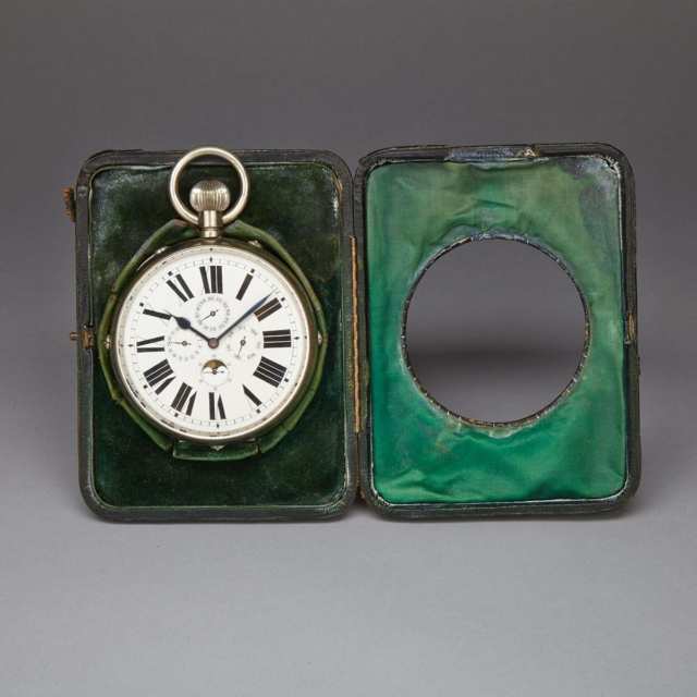 Swiss Oversize Pocket Watch Form Travel Clock with Moon Phase Aperture, c.1900