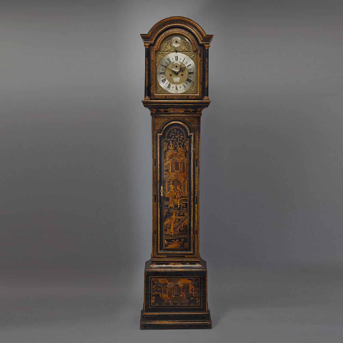 George III Black Japanned Tall case Clock with Equation of Time, John Burges, Gosport, c.1780