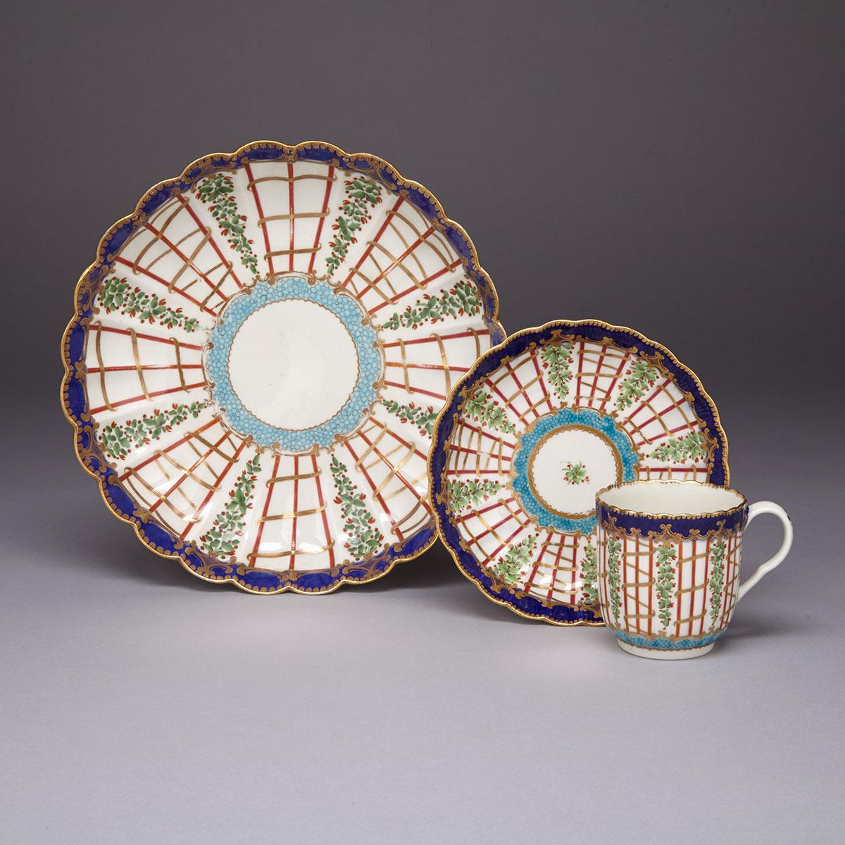 Worcester ‘Hop Trellis’ Fluted Coffee Cup and Saucer and a Saucer Dish, c.1770-75