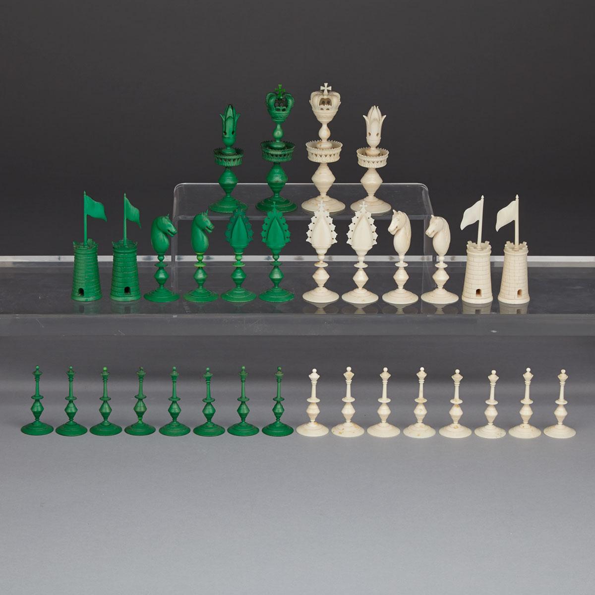 Anglo-Indian Turned and Carved Ivory Chess Set, Kashmir, 19th century
