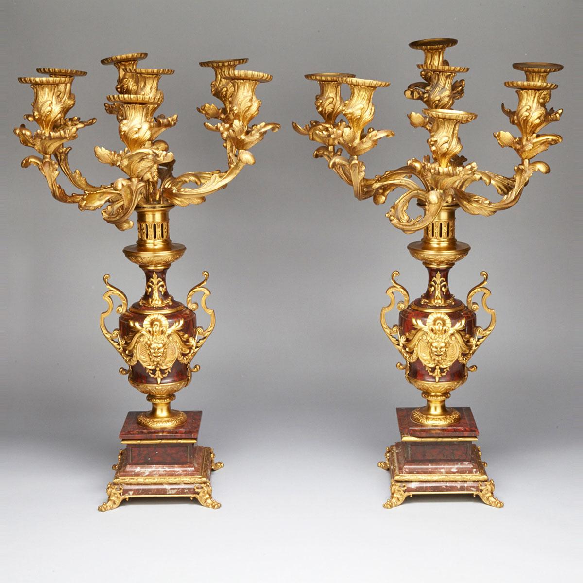 Pair of Massive French Gilt Bronze Mounted Rouge Griotte 7 Light Candelabra, early-mid 20th century