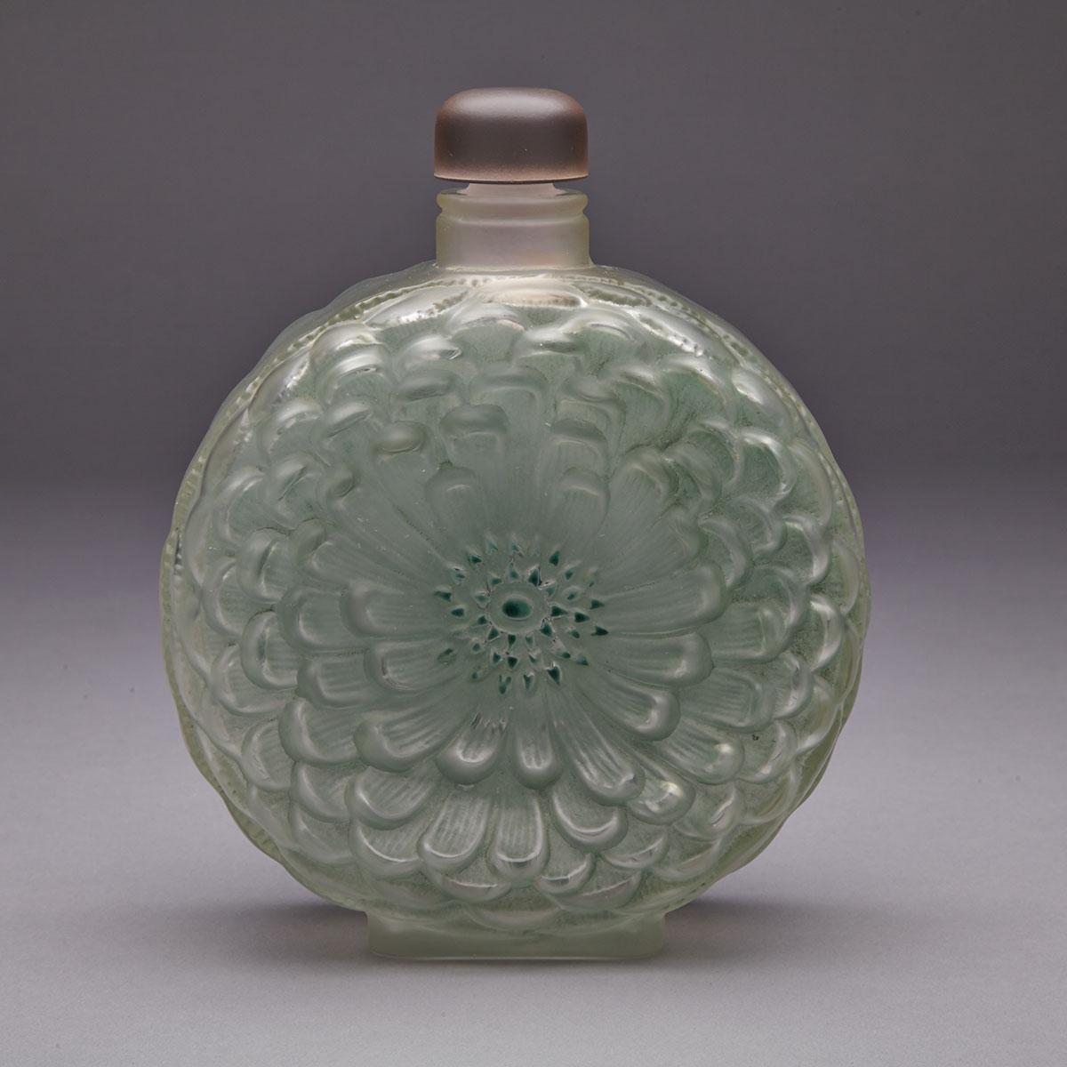‘Dahlia’, Lalique Moulded, Frosted and Green Enameled Glass Large Perfume Bottle, 1930s