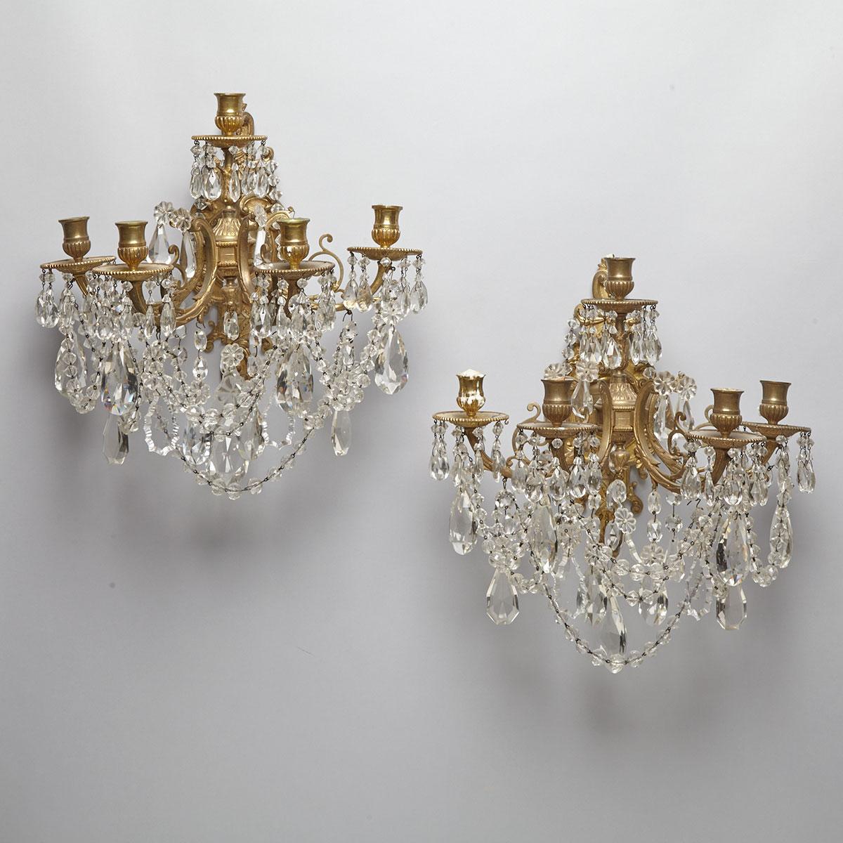 Pair of Cut Glass Mounted Brass Five-Candle Wall Sconces, early 20th centiury