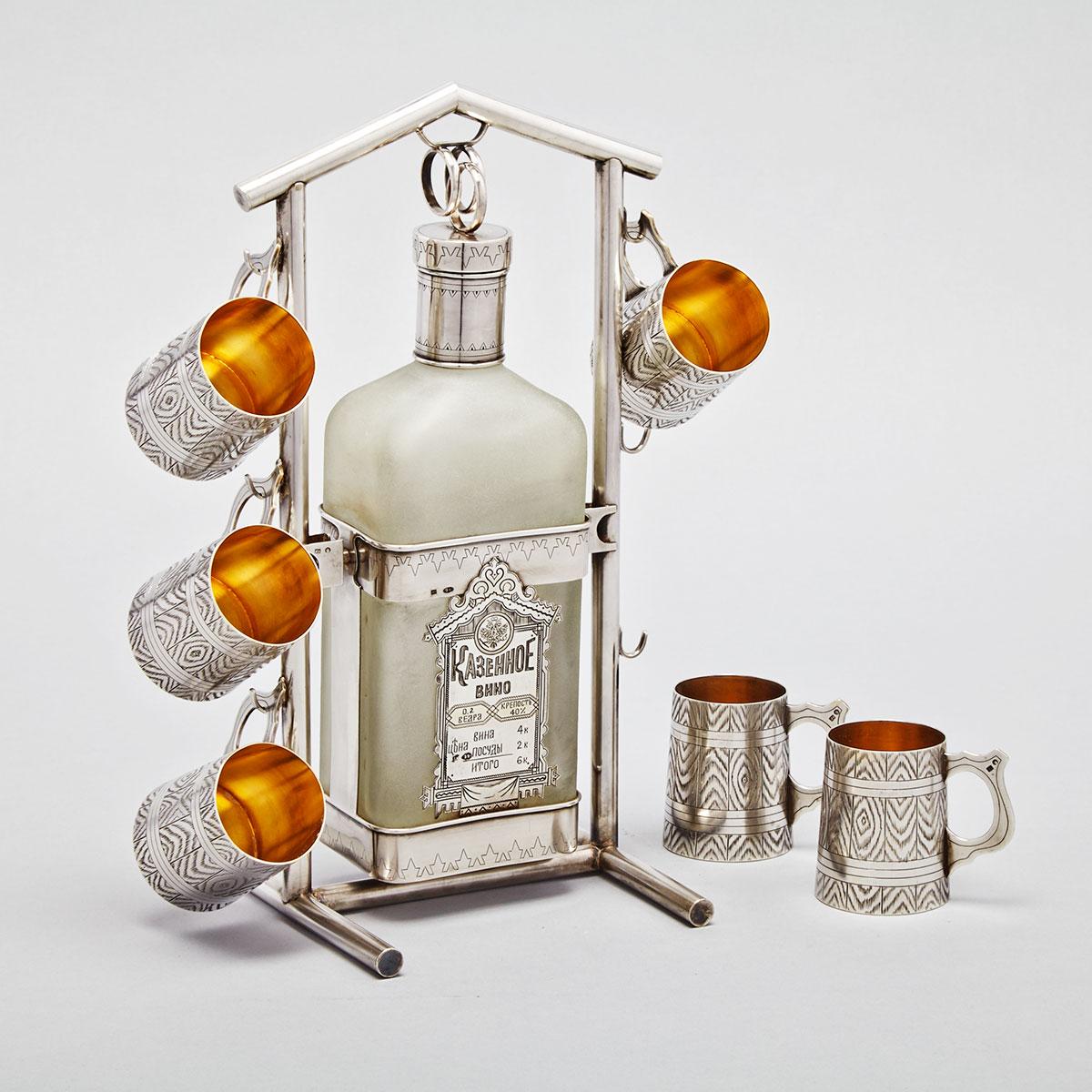 Russian Trompe L’Oeil Silver and Frosted Glass Vodka Tantalus with Six Cups, Ivan Khlebnikov, Moscow, c.1908-17