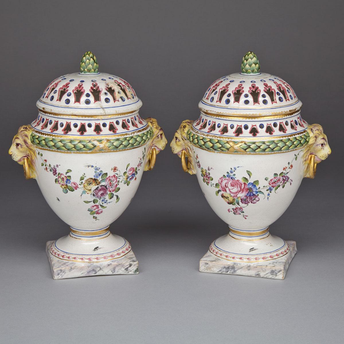 Pair of Sceaux Faience Potpourri Vases and Covers, late 18th century