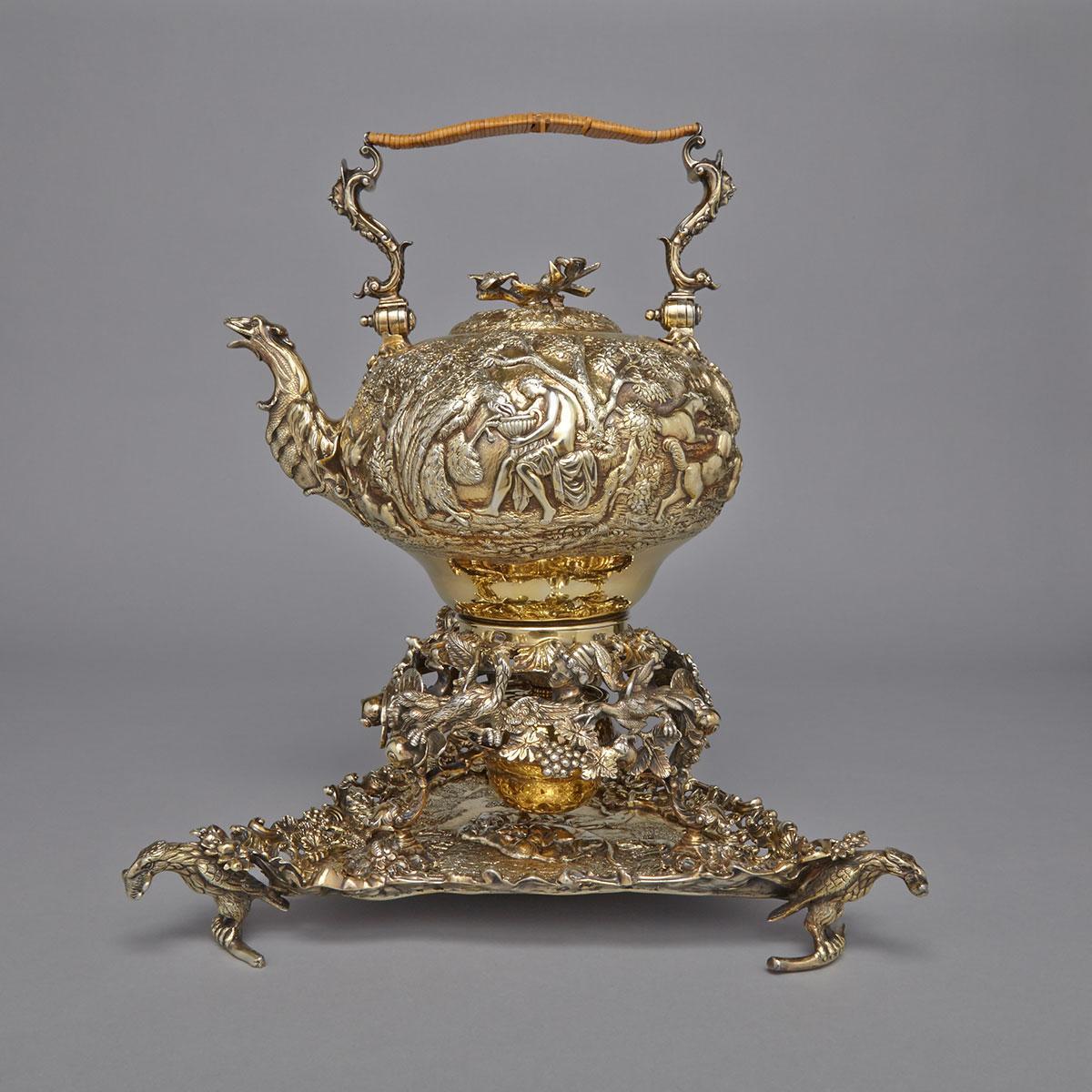 George III Silver-Gilt Tea Kettle on Lampstand with Tray, Edward Farrell, London, 1817