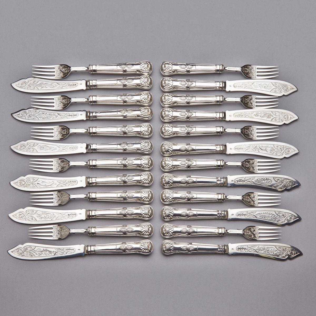 Twelve Victorian Silver Kings Pattern Fish Knives and Forks, George Adams, London, 1878