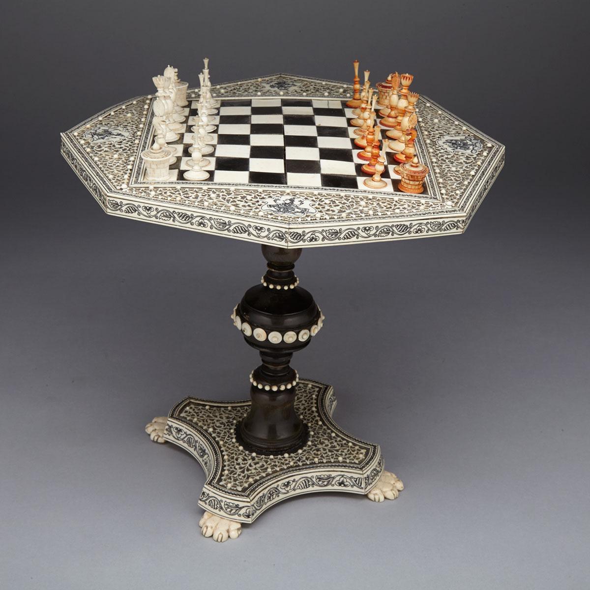 Anglo Indian Miniature Ivory and Horn Game Table and Chess Set, Vizagapatam, c.1840