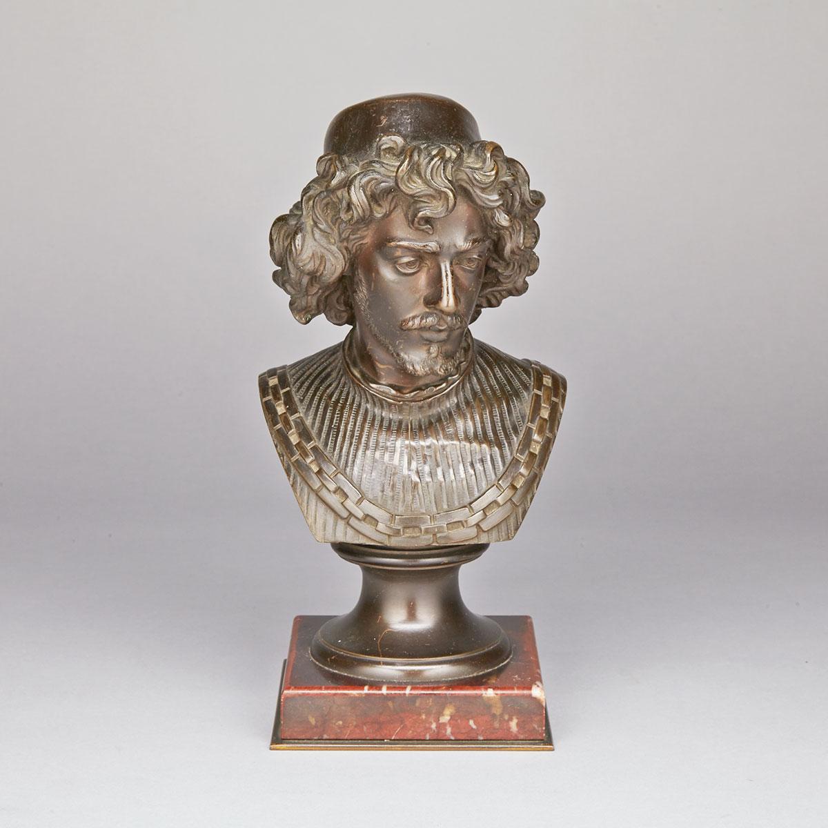 Small French Patinated Bronze Bust of a Young Mediaeval Gentleman, 19th century