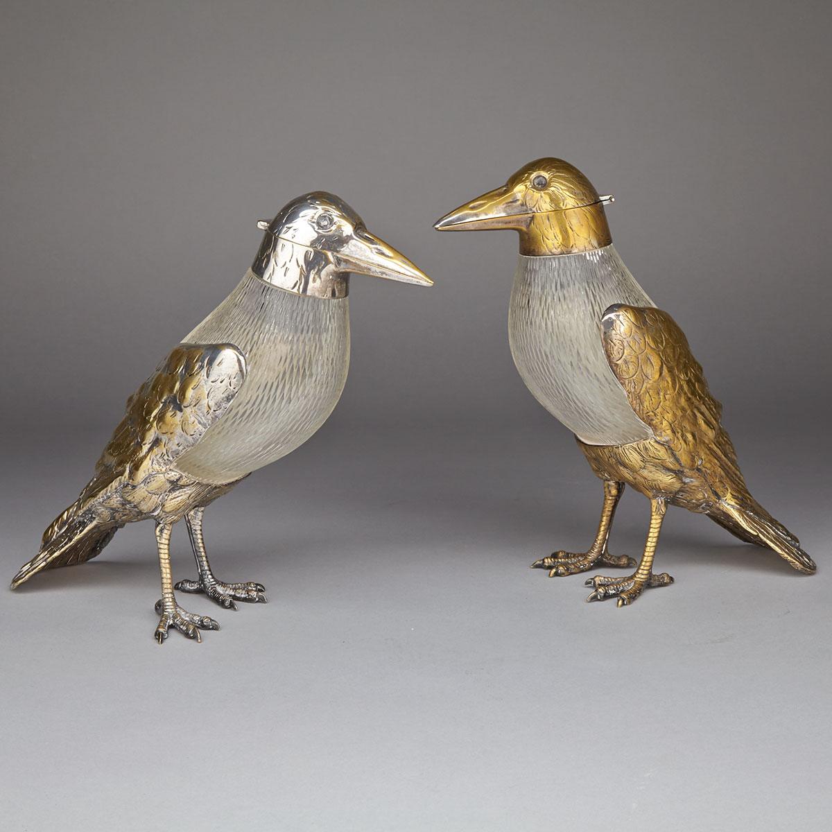 Pair of Austrian Silvered Brass and Cut Glass Bird Form Carafes, early 19th century
