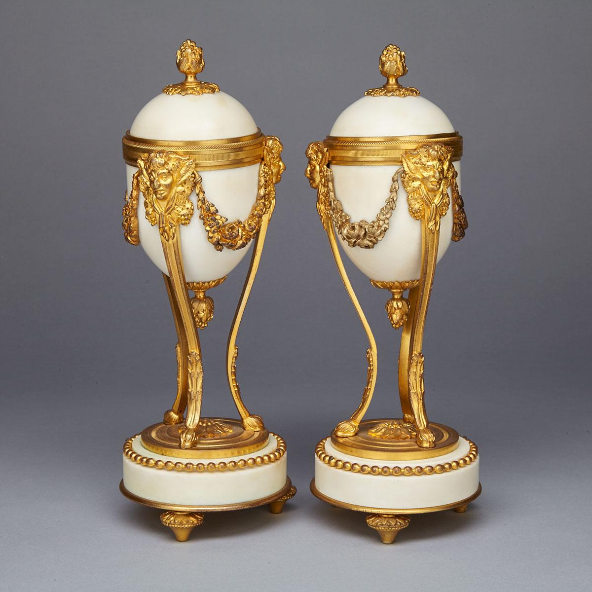 Pair of French Louis XVI Style Ormolu Mounted Marble Cassolettes, mid 20th century