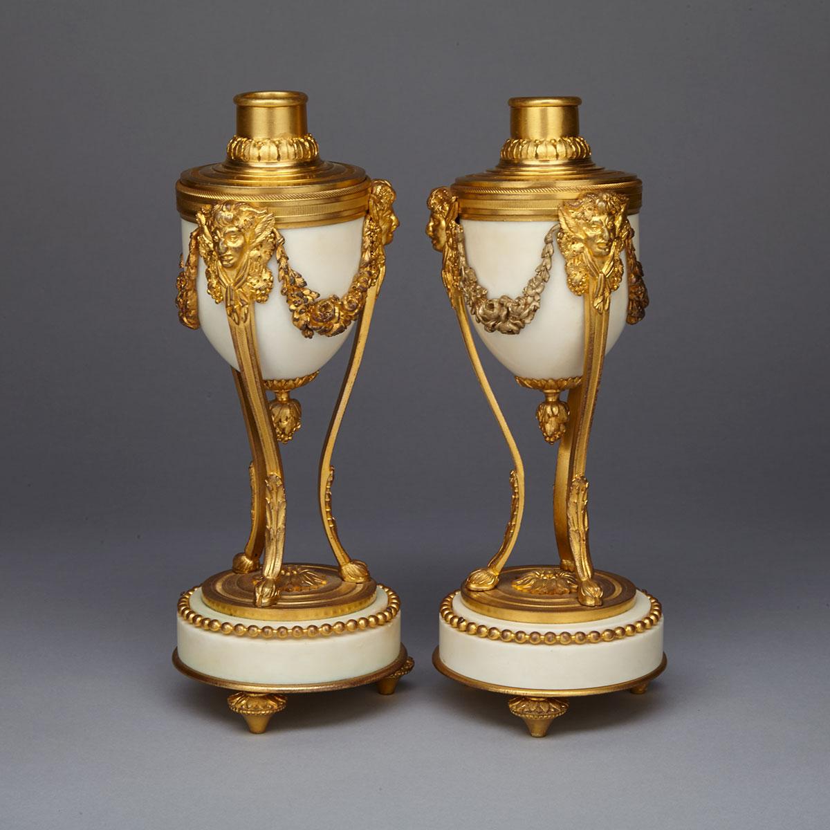 Pair of French Louis XVI Style Ormolu Mounted Marble Cassolettes, mid 20th century