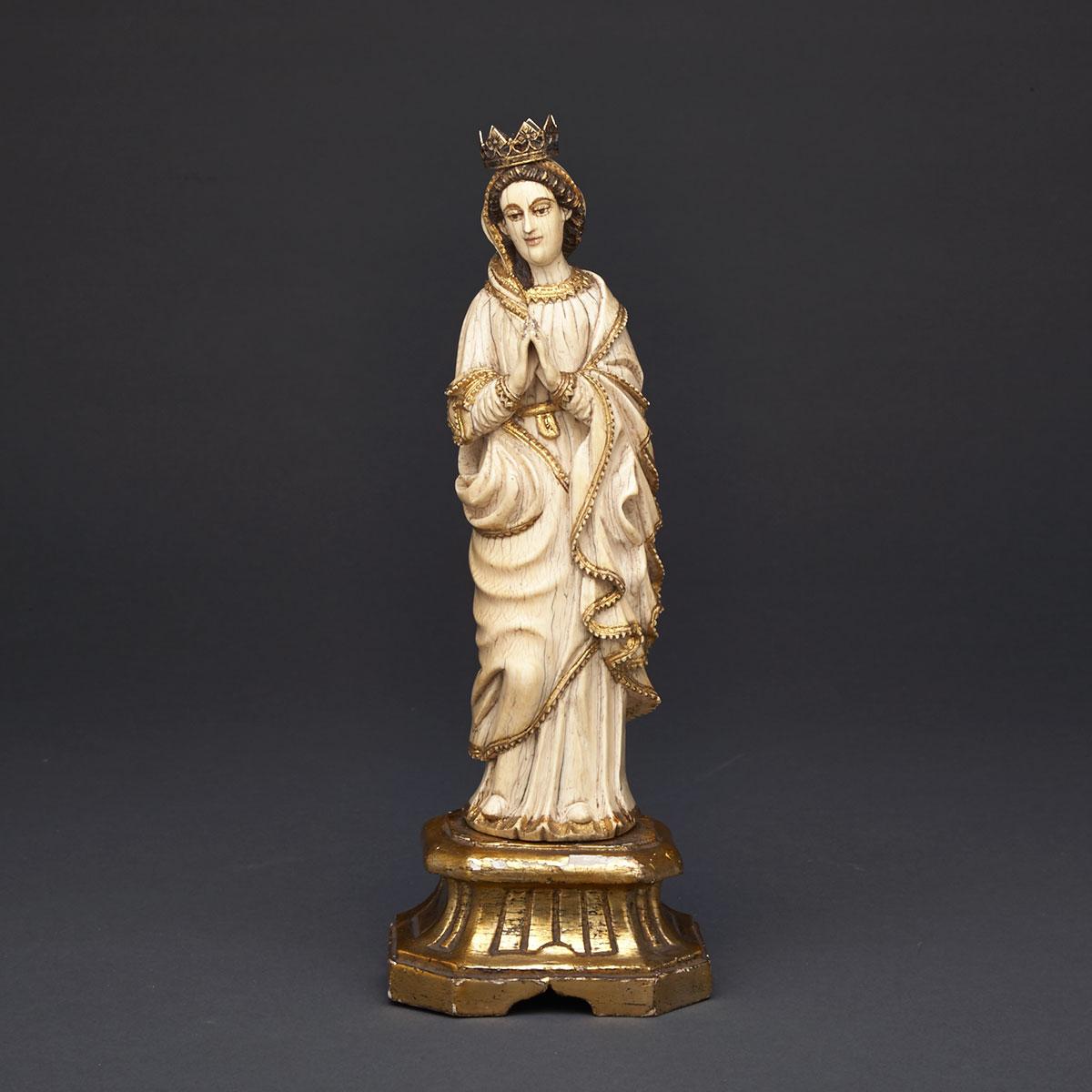 Italian Carved, Polychromed and Parcel Gilt Ivory Figure of Mary Queen of Heaven, Florence, 19th century