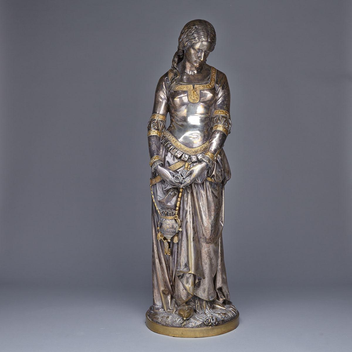 French Silvered and Parcel Gilt Bronze Figure of a Renaissance Maiden, 19th century