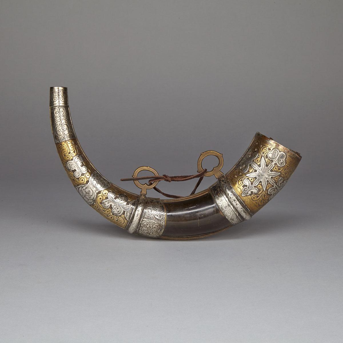 Russian Silver and brass mounted powder horn, 17th/18th century