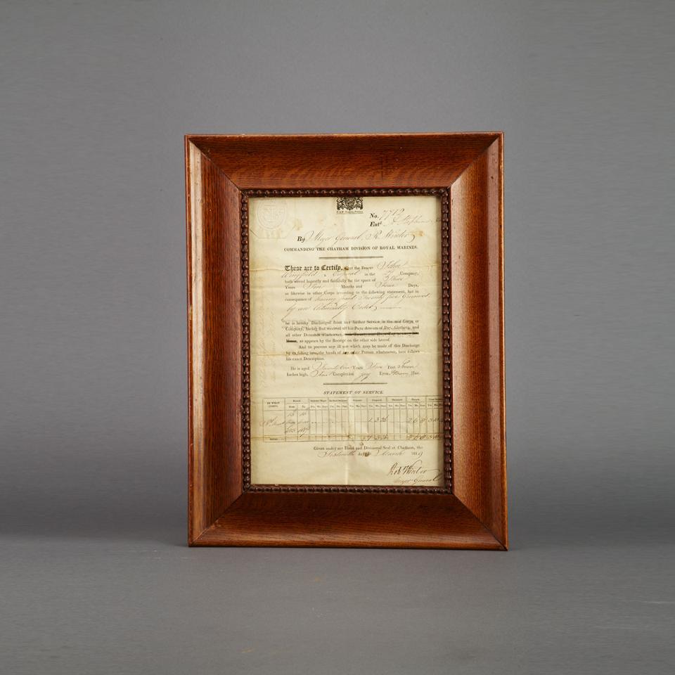 Royal Marine Discharge Paper to Corporal John Wingfield, 29 Company, Chatham Division, 1819