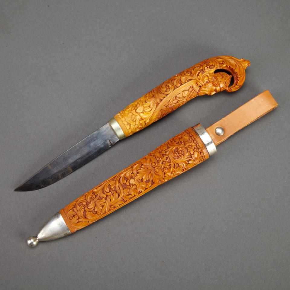 Norwegian Silver Mounted Carved Boxwood Hunting Knife, early 20th century